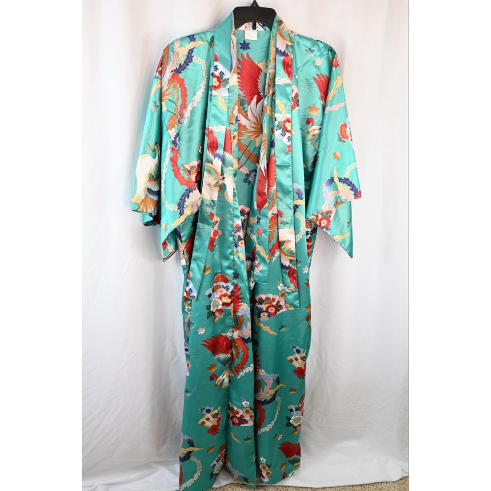 Ichi Ban Japan Teal Kimono Crane Floral Print Traditional Japanese Robe